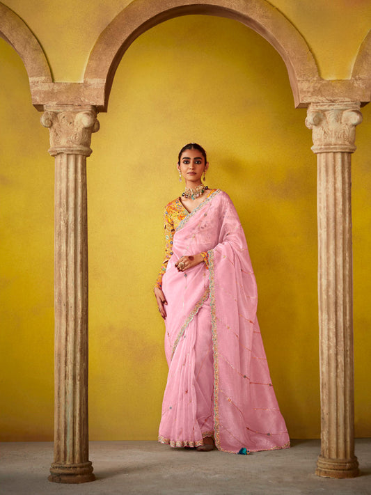 Rose Pink Designer Saree Kimora