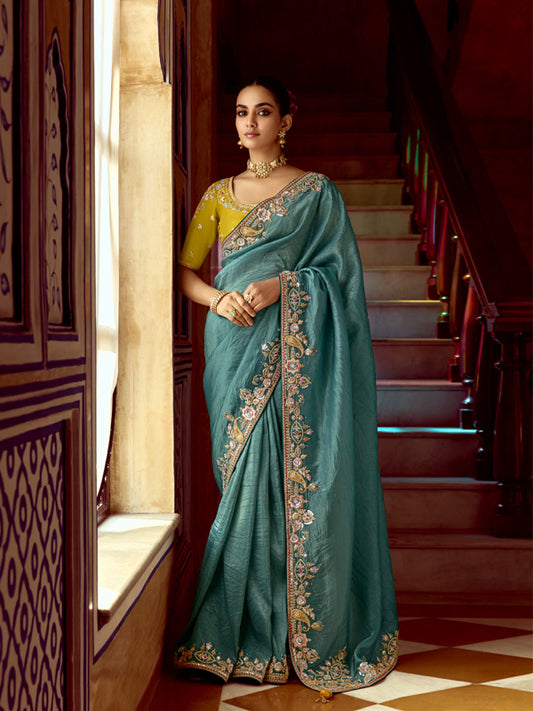 Teal Blue Designer Saree Kimora Pankhudi