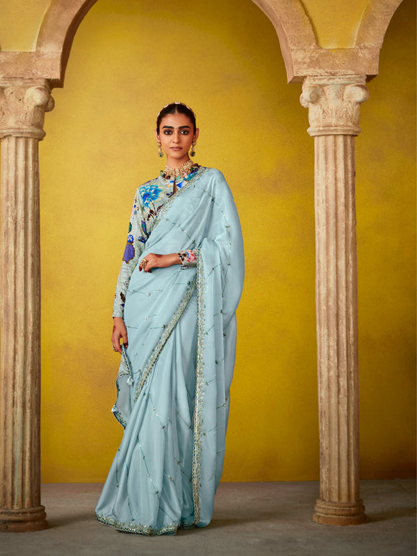Sky Blue Designer Saree Kimora