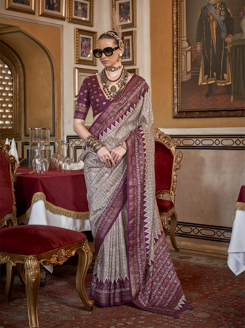 Stunning Silver Designer Saree Puja Patoda