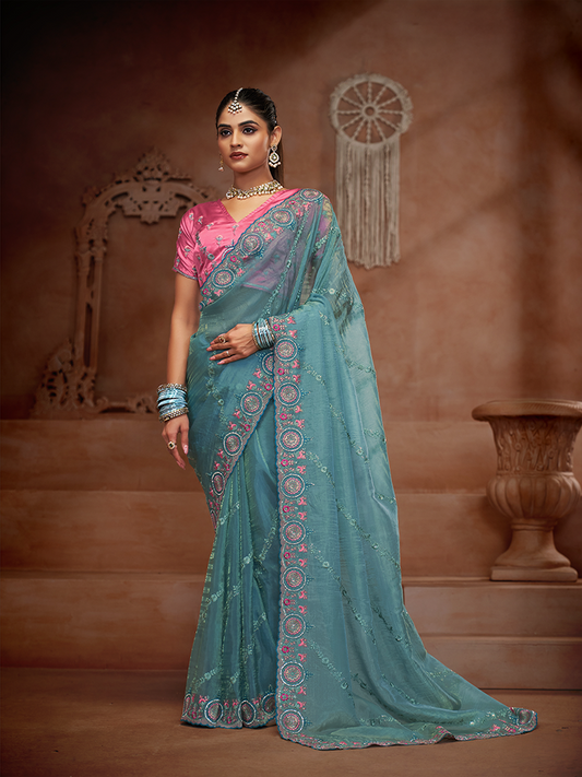 Light Blue Designer Saree Kamra