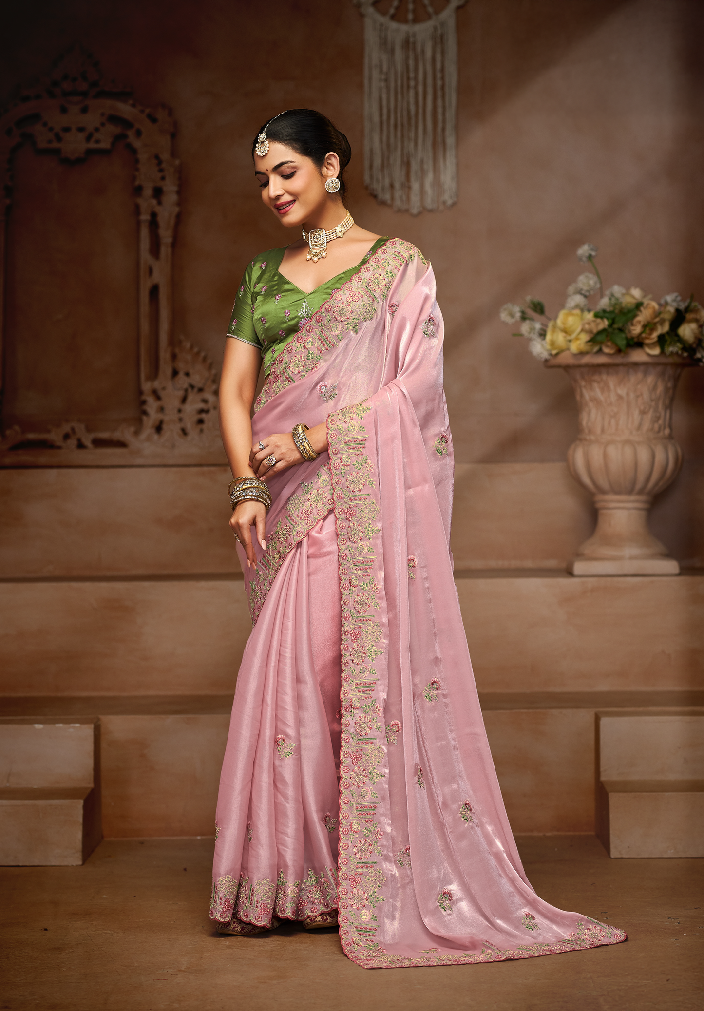 Light Pink Designer Saree Kamra