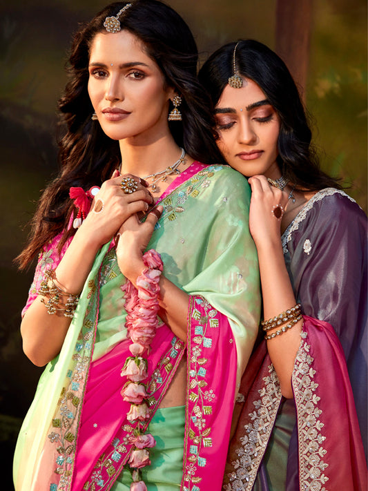 Deep Pink and Green Designer Saree Kajal X Kimora