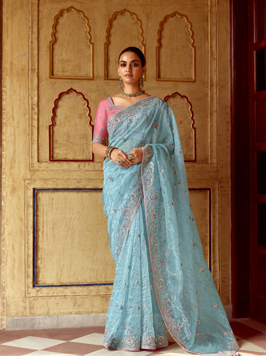 Light Blue Designer Saree Kimora Pankhudi