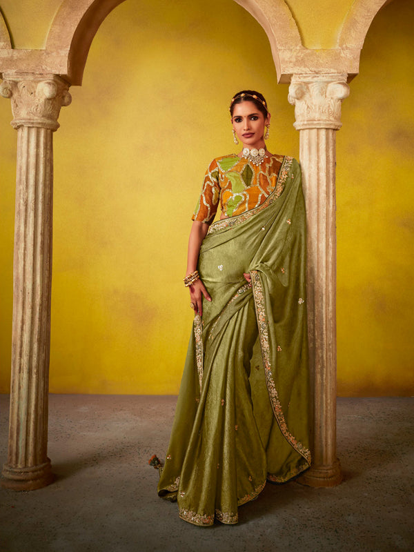 Olive Green Designer Saree Kimora