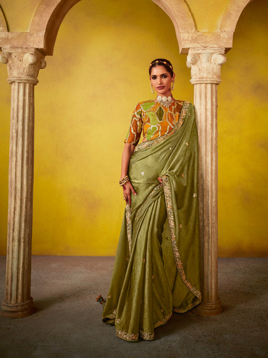 Olive Green Designer Saree Kimora