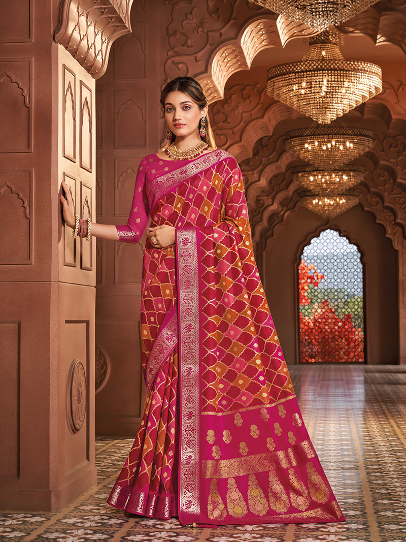 Bright Pink Designer Saree Agora Silk