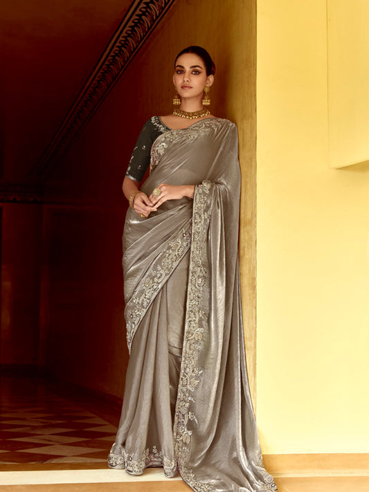 Grey Designer Saree Kimora Pankhudi