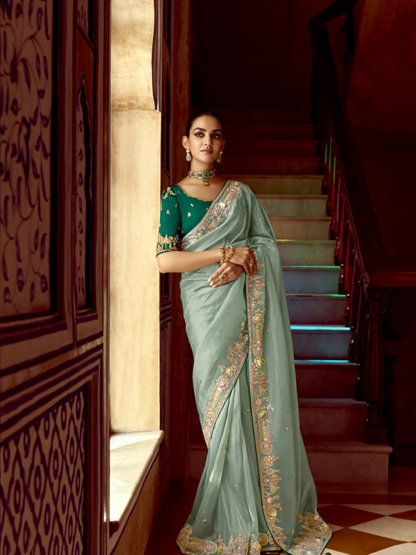 Pista Green Designer Saree Kimora Pankhudi