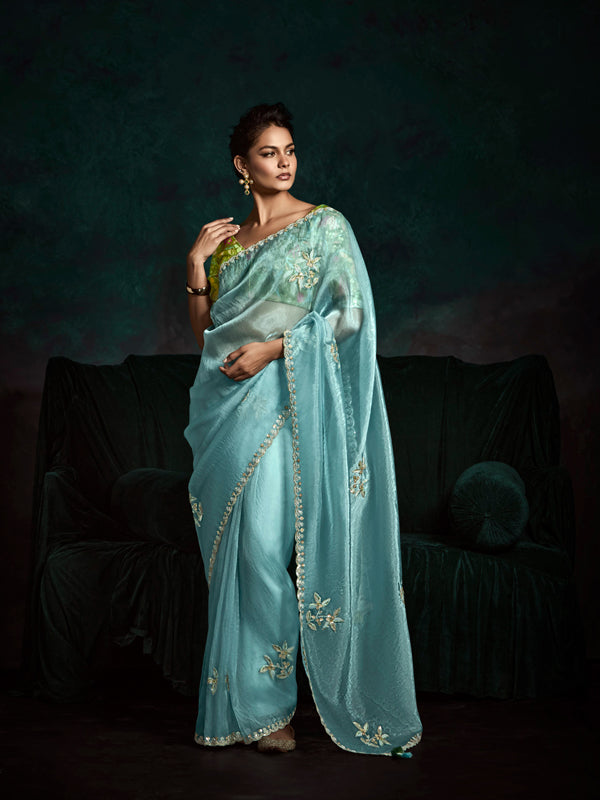 Sky Blue Designer Saree Kimora Rangat