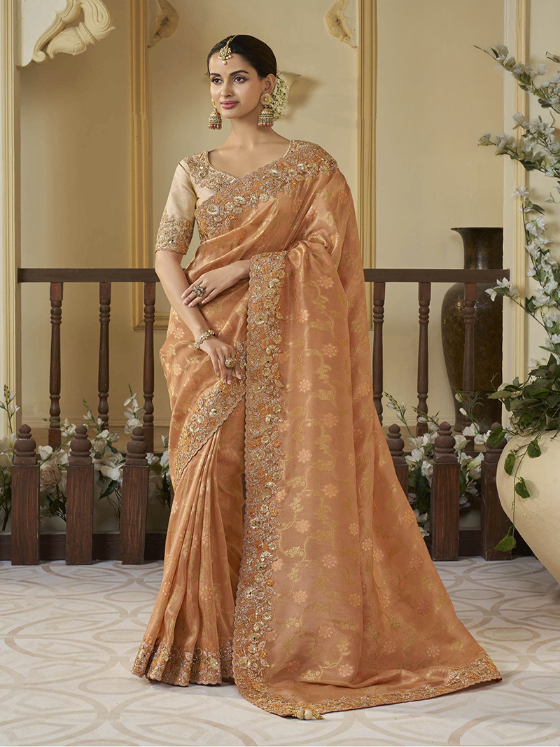Salamander Orange Designer Saree Wedding Saga