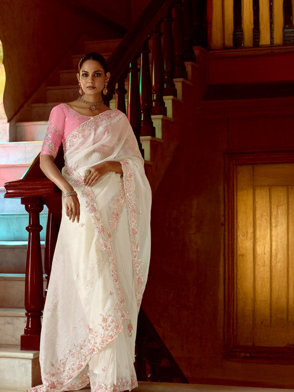 White and Pink Designer Saree Kimora Pankhudi